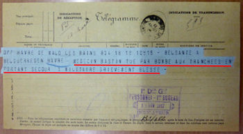 Télégramme militaire annonçant le déces du Major Félix Bastin